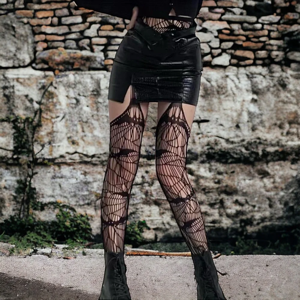 Black Bat Fishnet Suspender Tights Hollow Out High Waist Mesh Pantyhose One Size